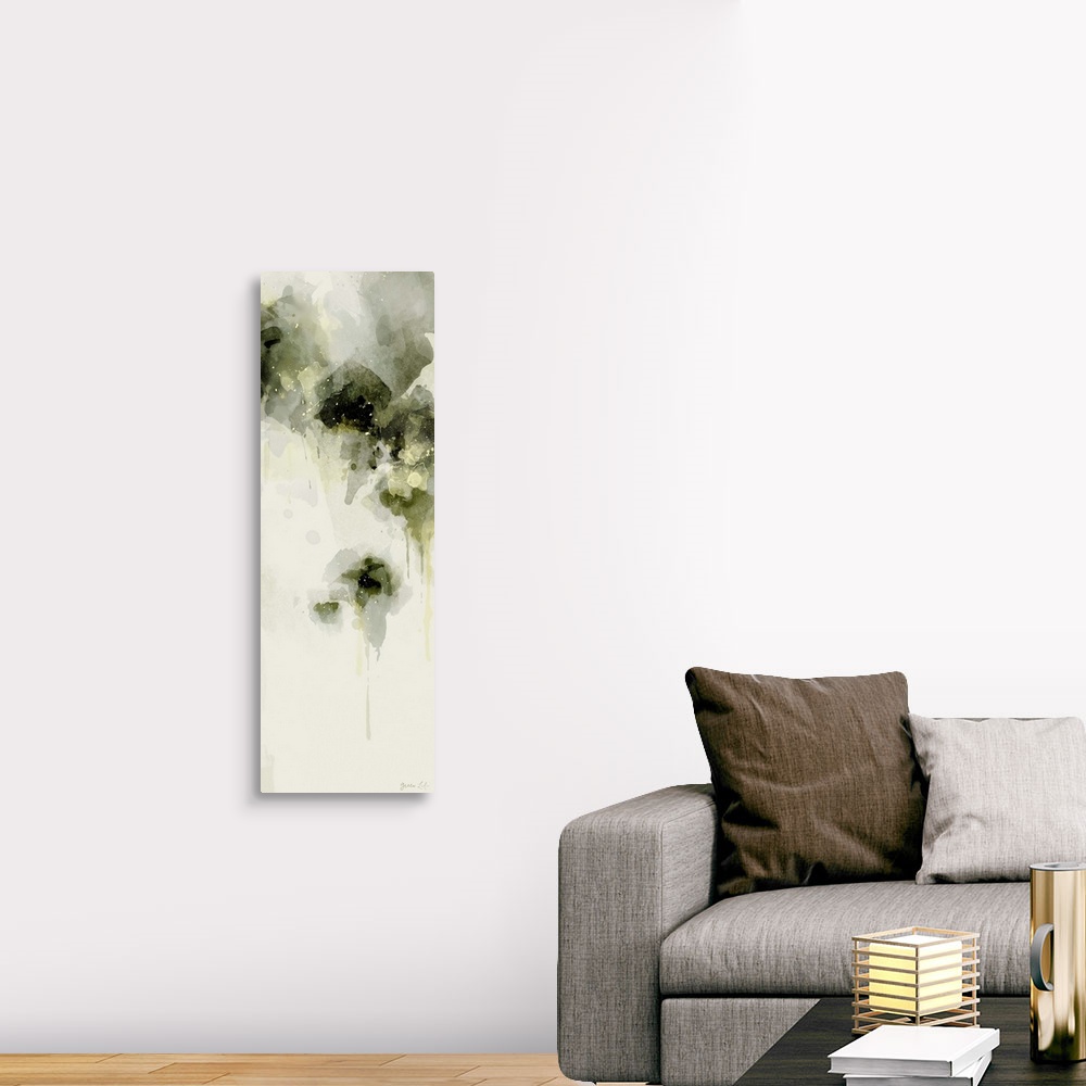 A traditional room featuring Abstract artwork of grey-green organic forms on white.