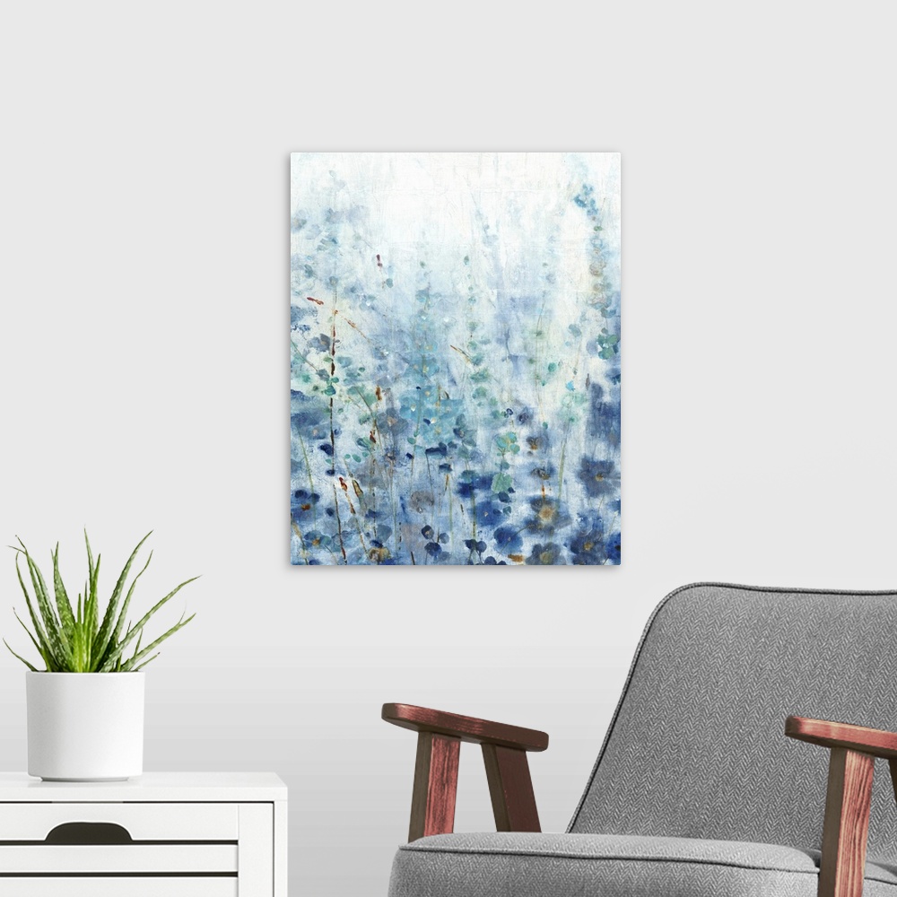 A modern room featuring Contemporary painting of a patch of wildflowers made in shades of blue with gold accents.