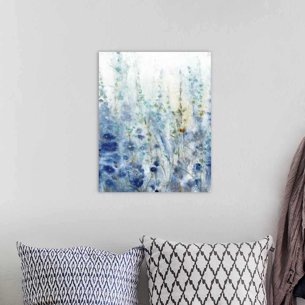 A bohemian room featuring Contemporary painting of a patch of wildflowers made in shades of blue with gold accents.