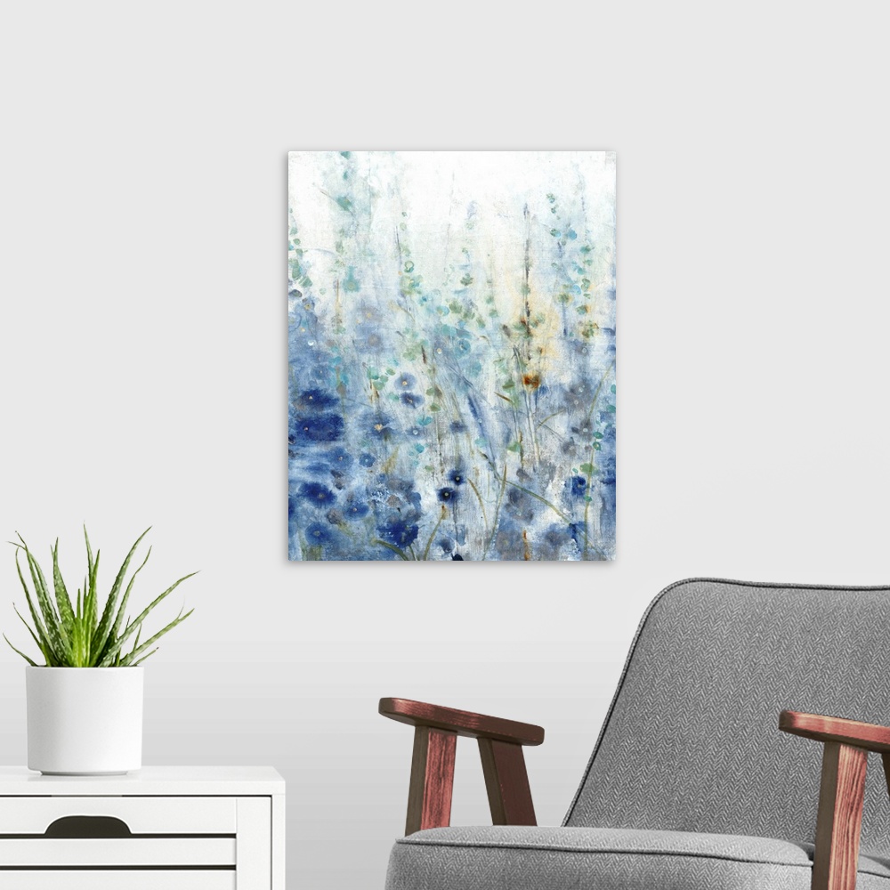 A modern room featuring Contemporary painting of a patch of wildflowers made in shades of blue with gold accents.