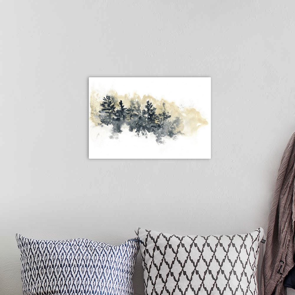 A bohemian room featuring Watercolor artwork of trees on the side of a hill on white.