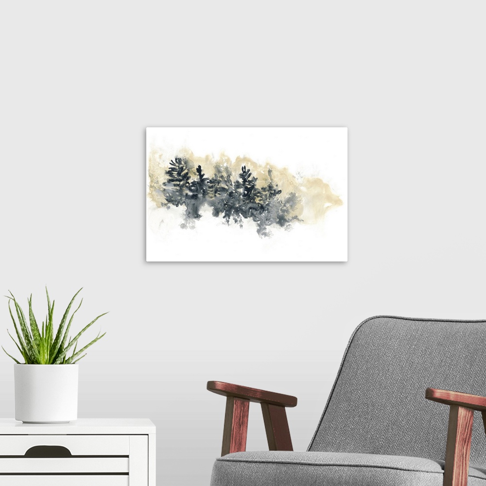 A modern room featuring Watercolor artwork of trees on the side of a hill on white.