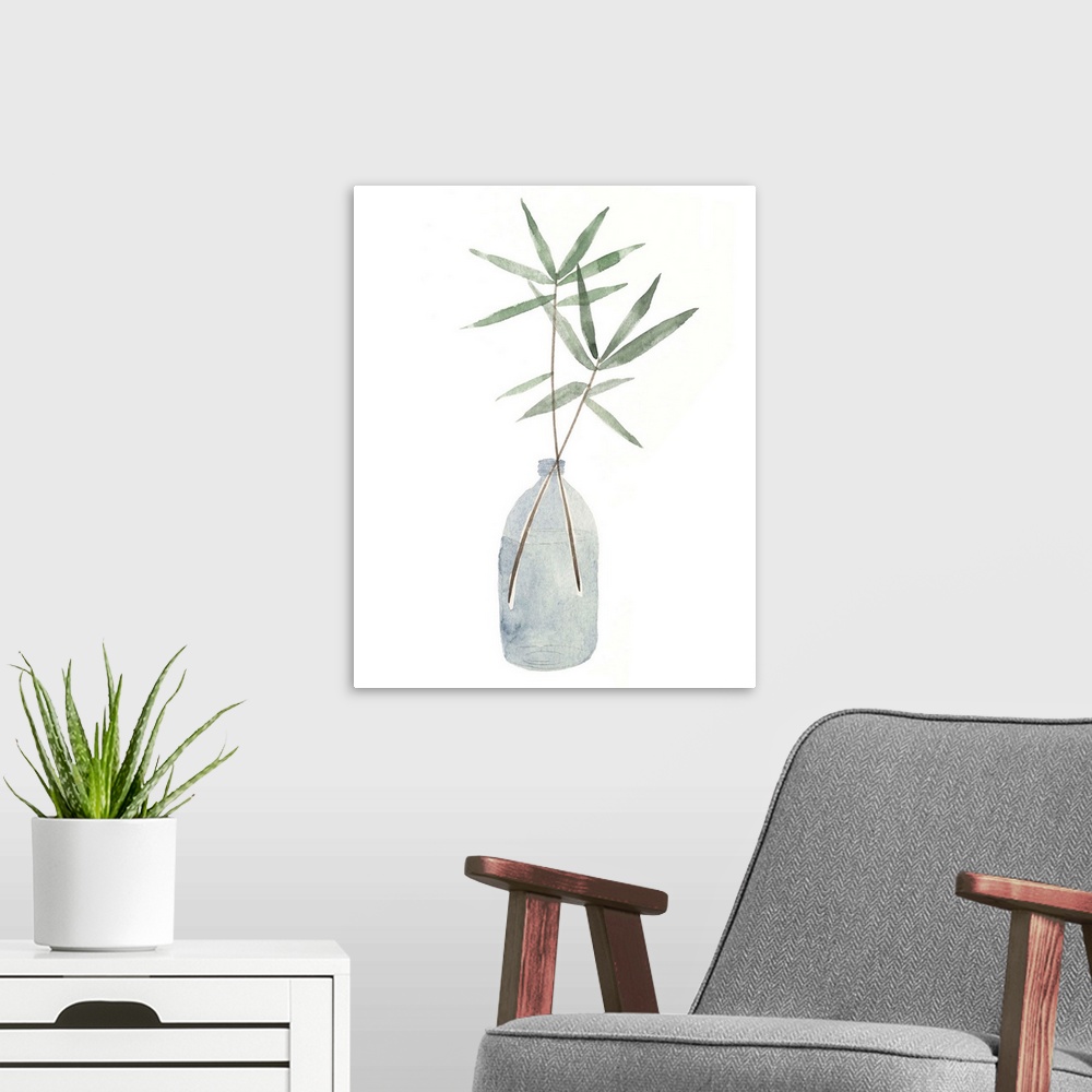 A modern room featuring Watercolor still life painting of leaves in an indigo vase.