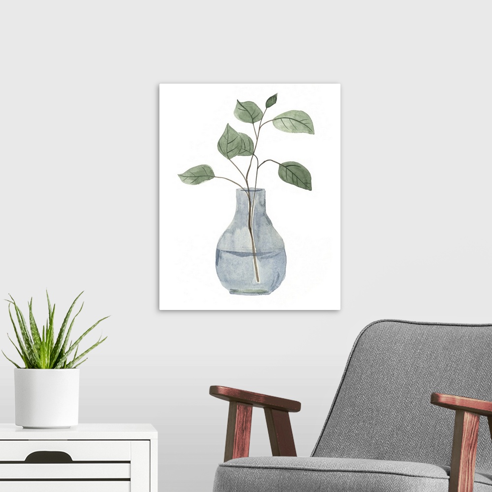 A modern room featuring Watercolor leaves in an indigo vase.