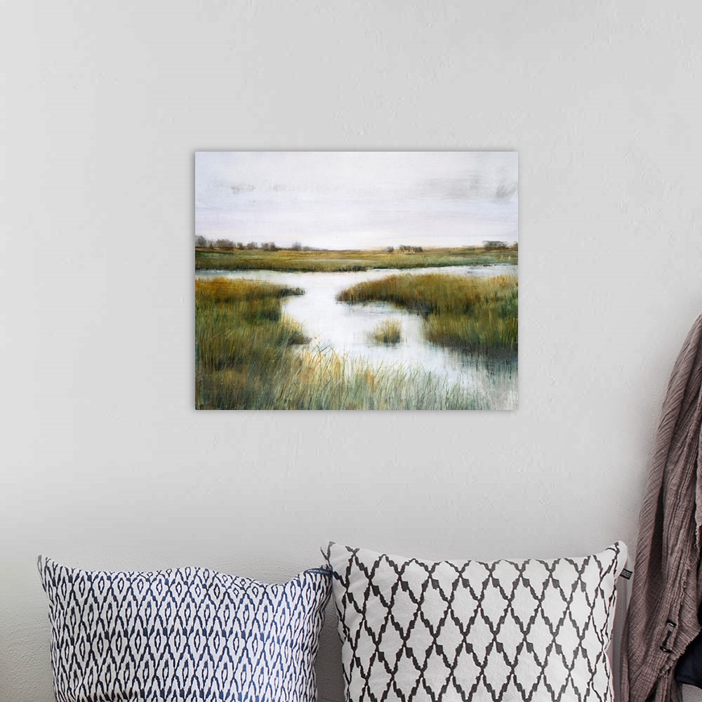 A bohemian room featuring A beautiful serene scene of tall reeds growing in a marsh setting. The grasses are tipped with go...