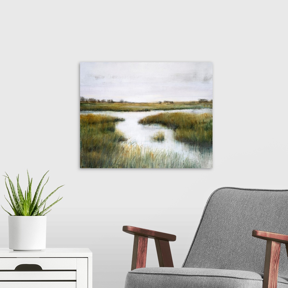 A modern room featuring A beautiful serene scene of tall reeds growing in a marsh setting. The grasses are tipped with go...