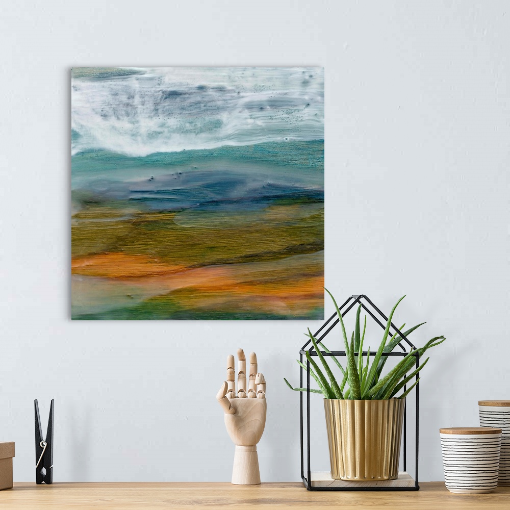 A bohemian room featuring Contemporary abstract painting of a rugged mountain landscape.
