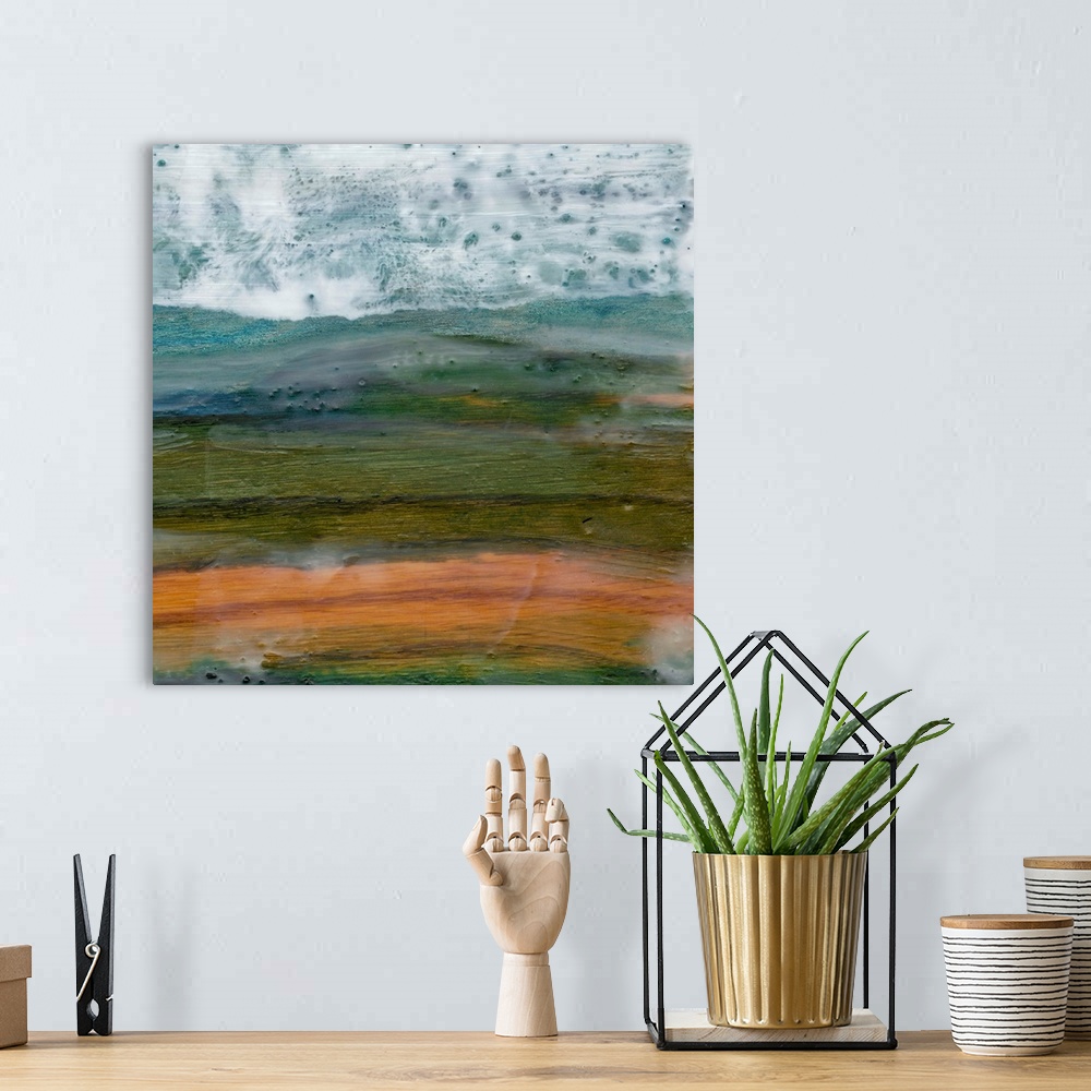 A bohemian room featuring Contemporary abstract painting of a rugged mountain landscape.