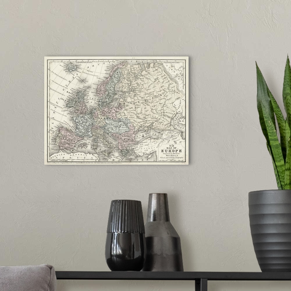A modern room featuring Mitchell's Map of Europe
