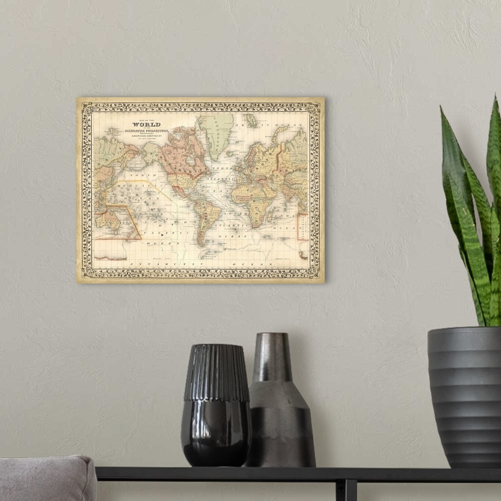 A modern room featuring Mitchell's World Map