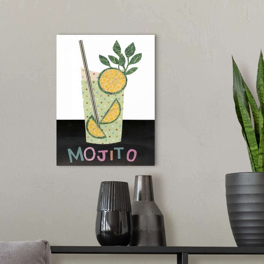 A modern room featuring This decorative artwork has double meaning by featuring mixed drinks created with mixed media com...