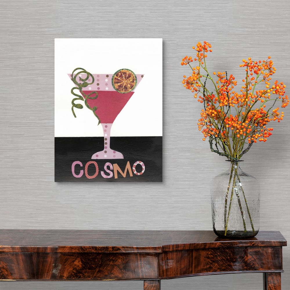 A traditional room featuring This decorative artwork has double meaning by featuring mixed drinks created with mixed media com...