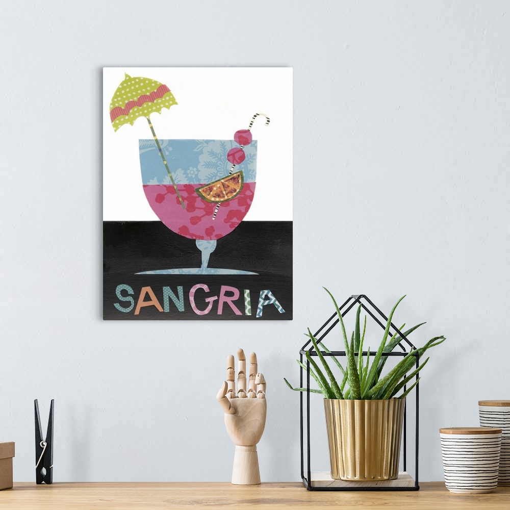 A bohemian room featuring This decorative artwork has double meaning by featuring mixed drinks created with mixed media com...