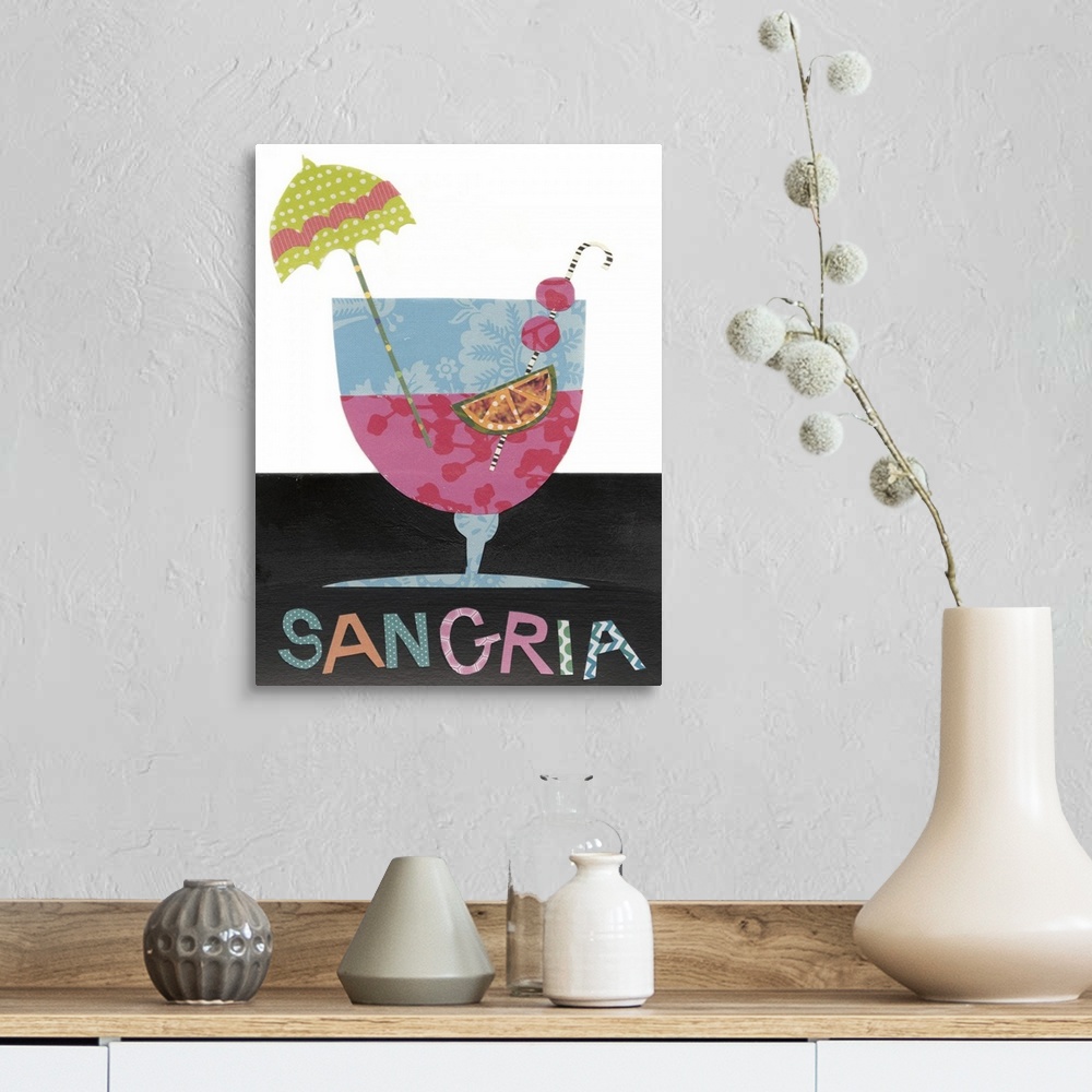 A farmhouse room featuring This decorative artwork has double meaning by featuring mixed drinks created with mixed media com...