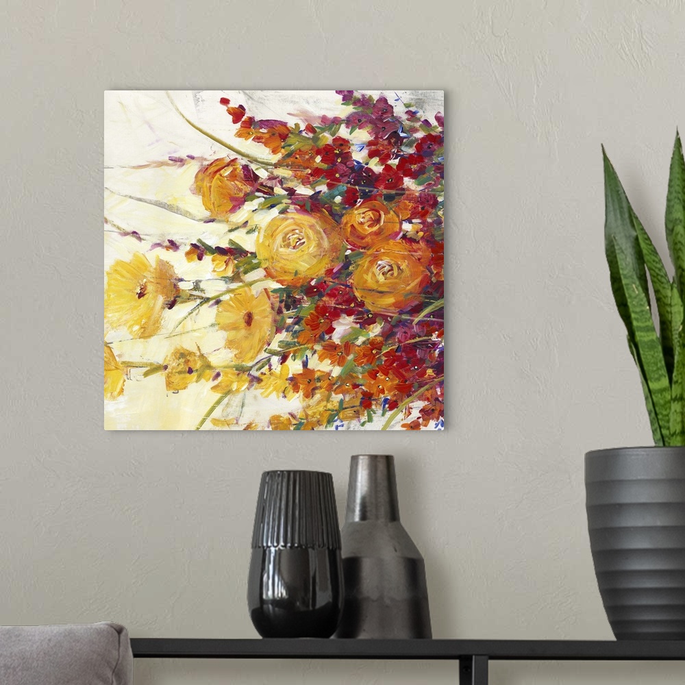 A modern room featuring Colorful contemporary painting of a vibrant flowers.
