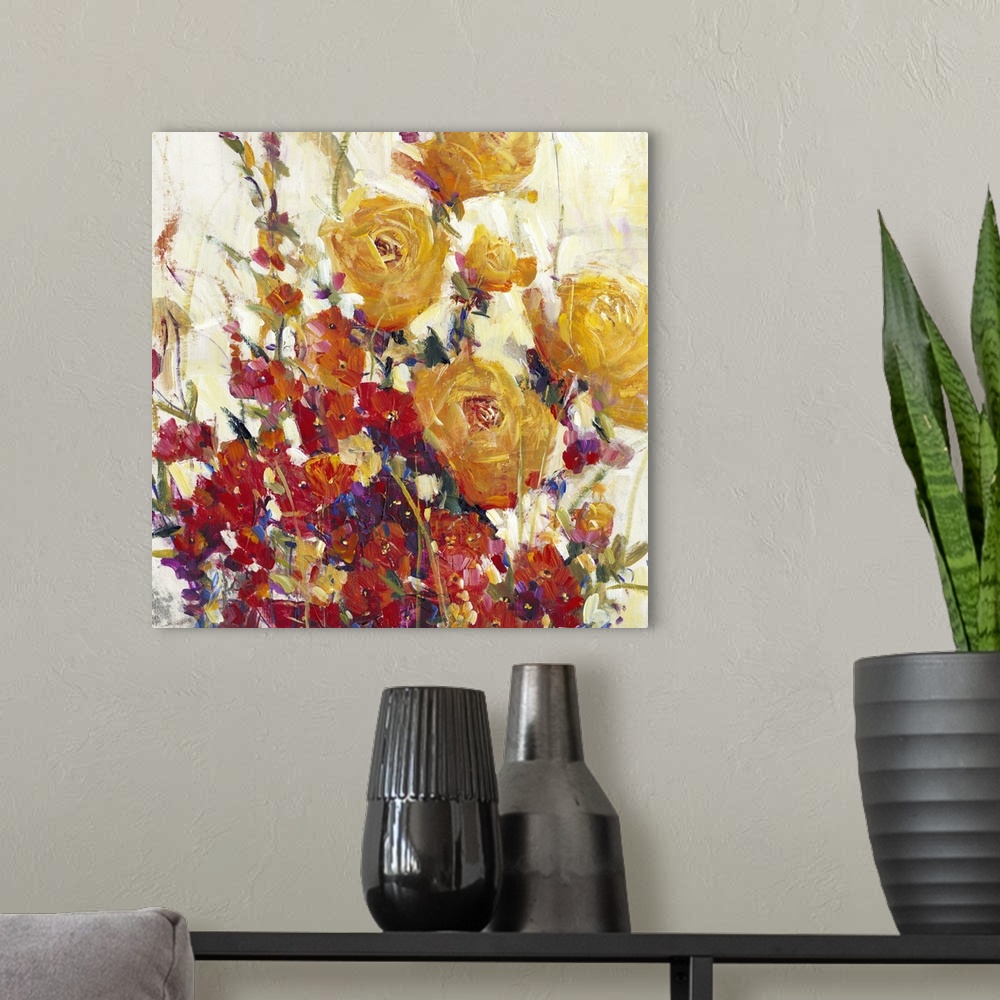 A modern room featuring Colorful contemporary painting of a vibrant flowers.