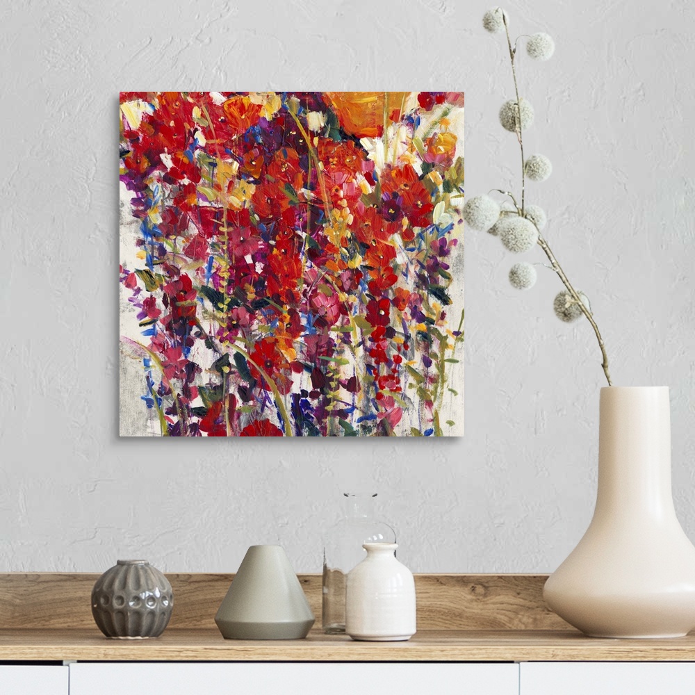 A farmhouse room featuring Colorful contemporary painting of a vibrant flowers.