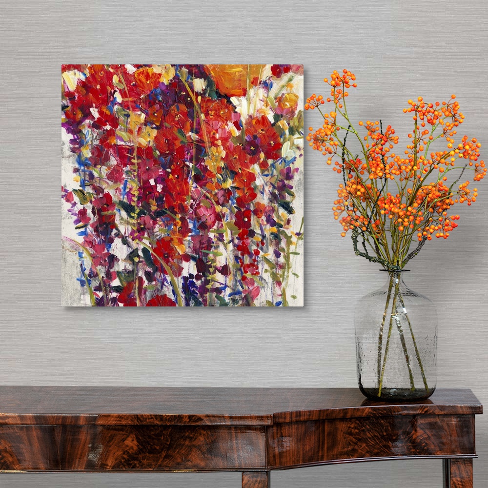 A traditional room featuring Colorful contemporary painting of a vibrant flowers.