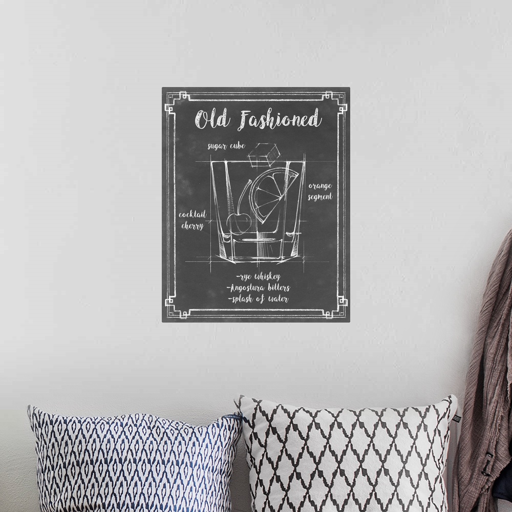 A bohemian room featuring Blueprint style diagram and recipe of an Old Fashioned cocktail.