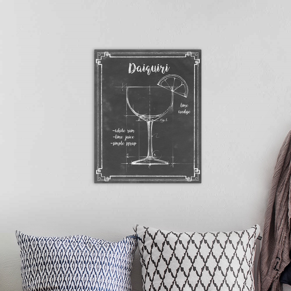 A bohemian room featuring Blueprint style diagram and recipe of a Daiquiri cocktail.