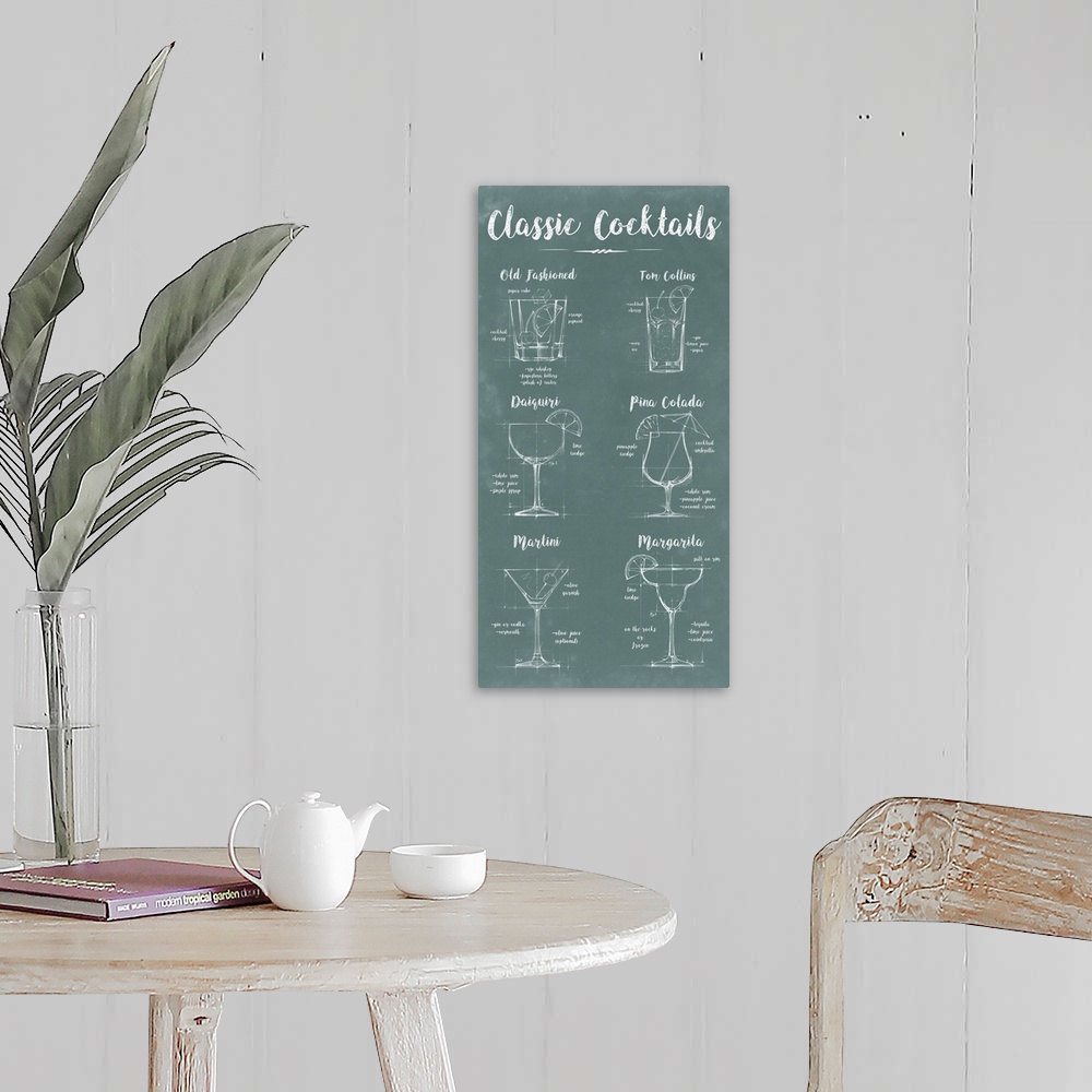 A farmhouse room featuring Green chalkboard decor with classic cocktail illustrations listing the ingredients and garnishes ...