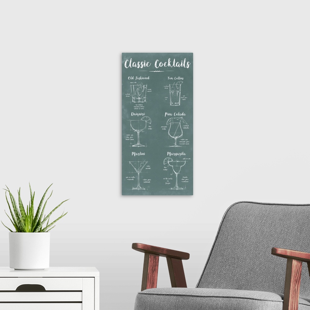 A modern room featuring Green chalkboard decor with classic cocktail illustrations listing the ingredients and garnishes ...