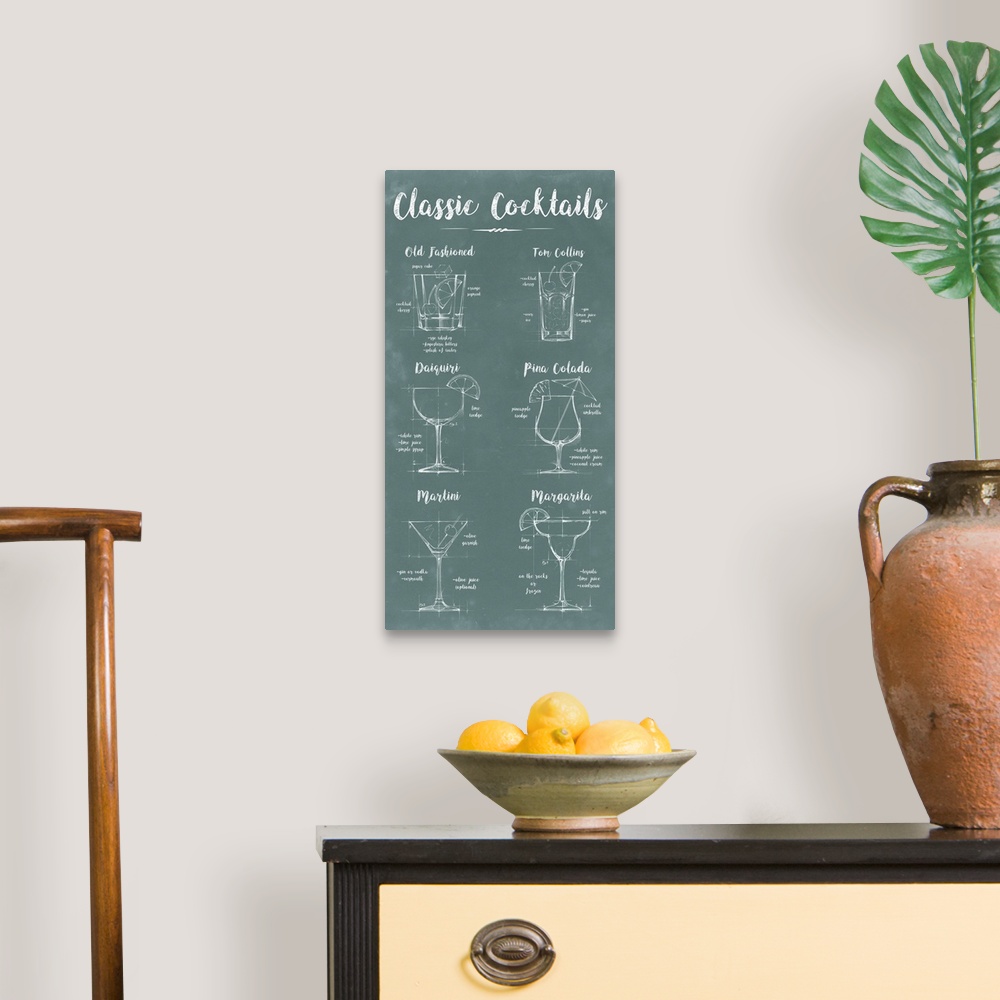 A traditional room featuring Green chalkboard decor with classic cocktail illustrations listing the ingredients and garnishes ...