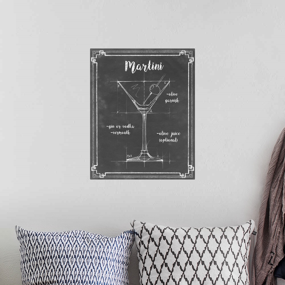 A bohemian room featuring Blueprint style diagram and recipe of a Martini cocktail.