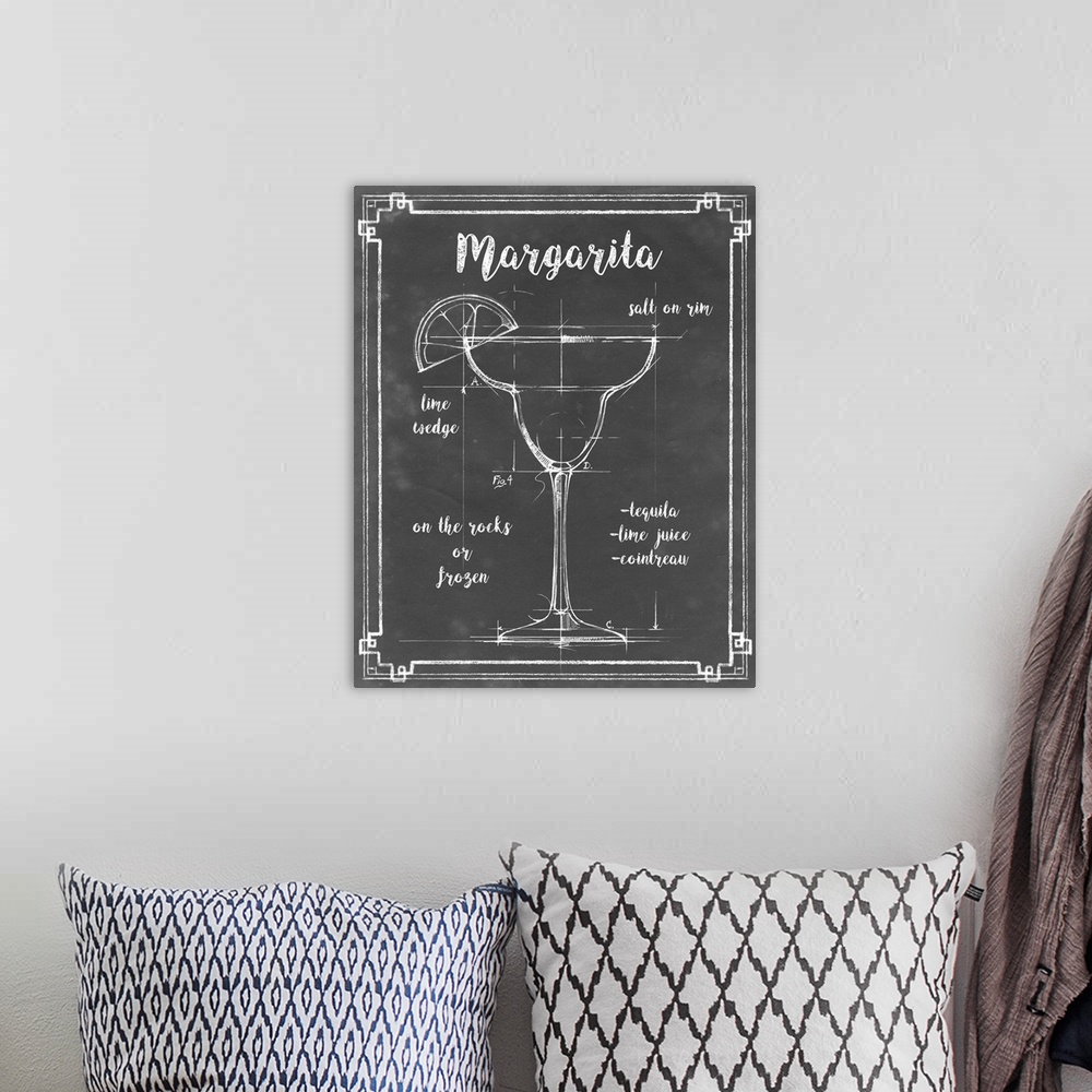 A bohemian room featuring Blueprint style diagram and recipe of a Margarita cocktail.