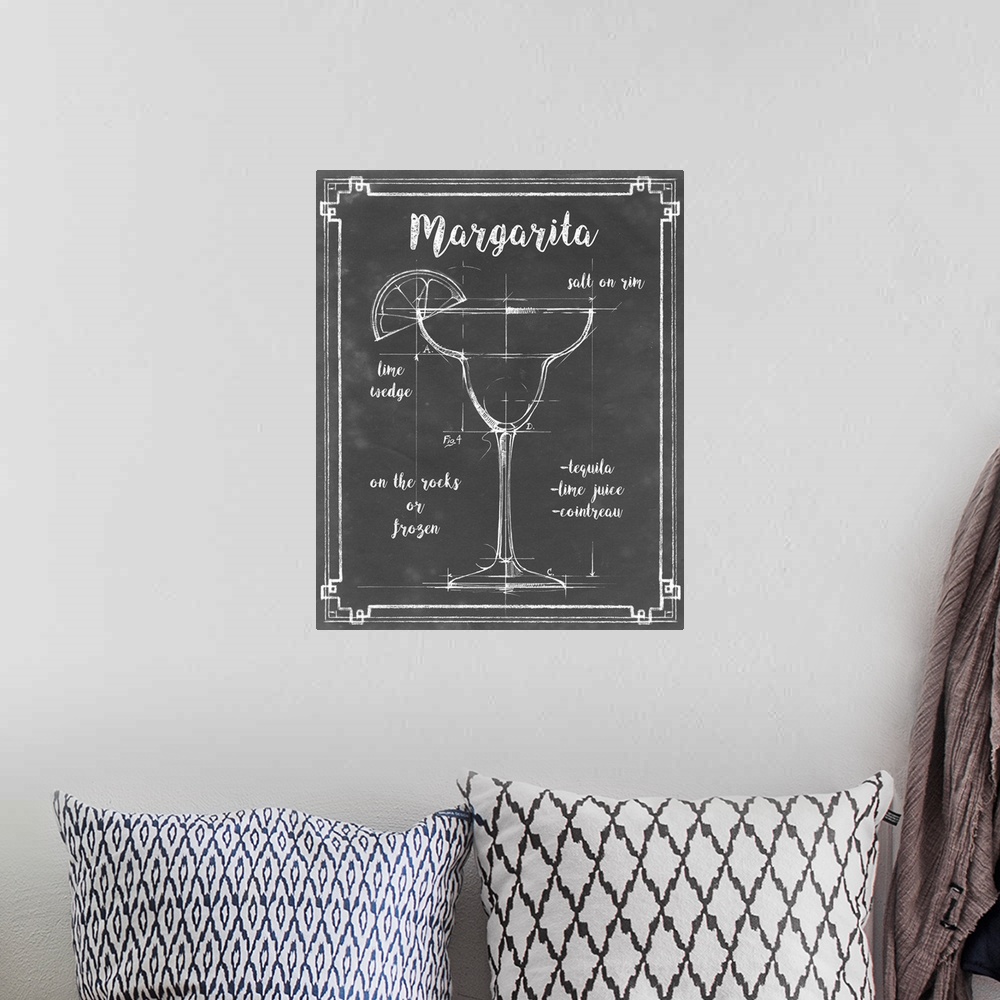 A bohemian room featuring Blueprint style diagram and recipe of a Margarita cocktail.