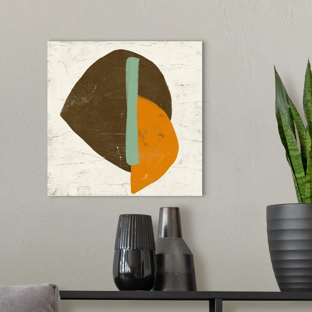 A modern room featuring Contemporary abstract art print of roughly painted organic shapes in teal and brown.