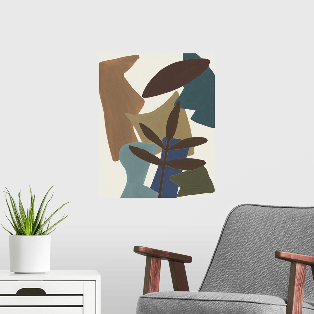 A modern room featuring Contemporary abstract collage of flowers, leaves, shapes, and vases in earth tones and blue.
