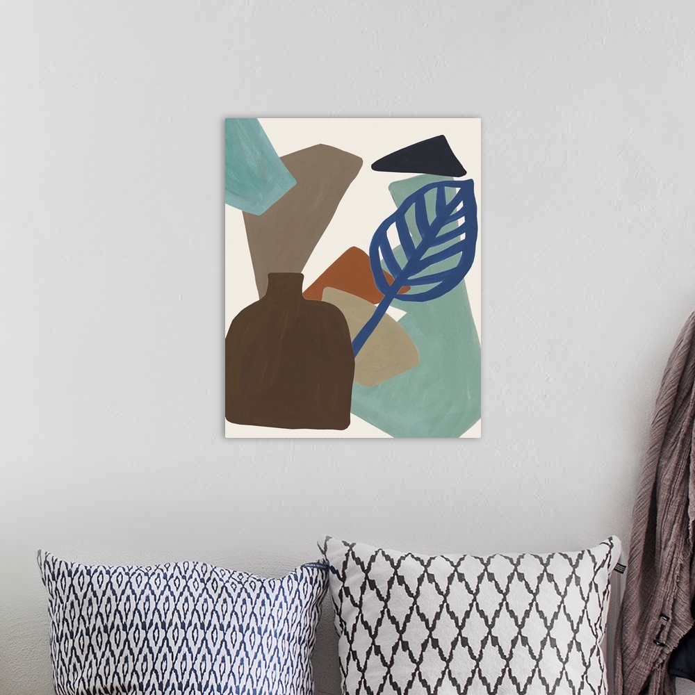 A bohemian room featuring Contemporary abstract collage of flowers, leaves, shapes, and vases in earth tones and blue.