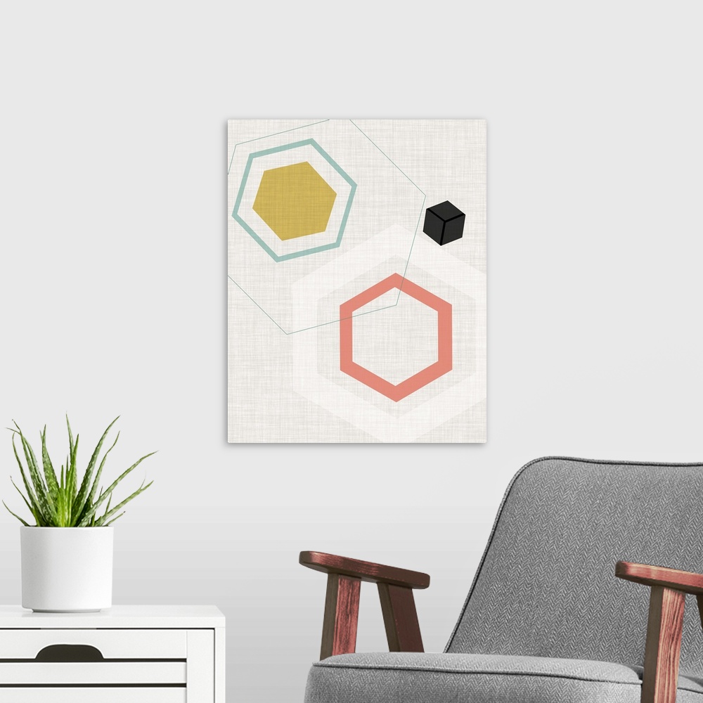 A modern room featuring Contemporary artwork of geometric shapes in muted colors against a burlap textured background in ...