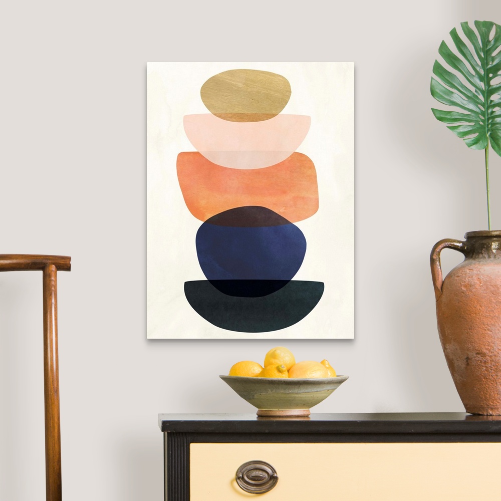 A traditional room featuring Mid-century modern style abstract painting with multi-colored overlapping shapes.