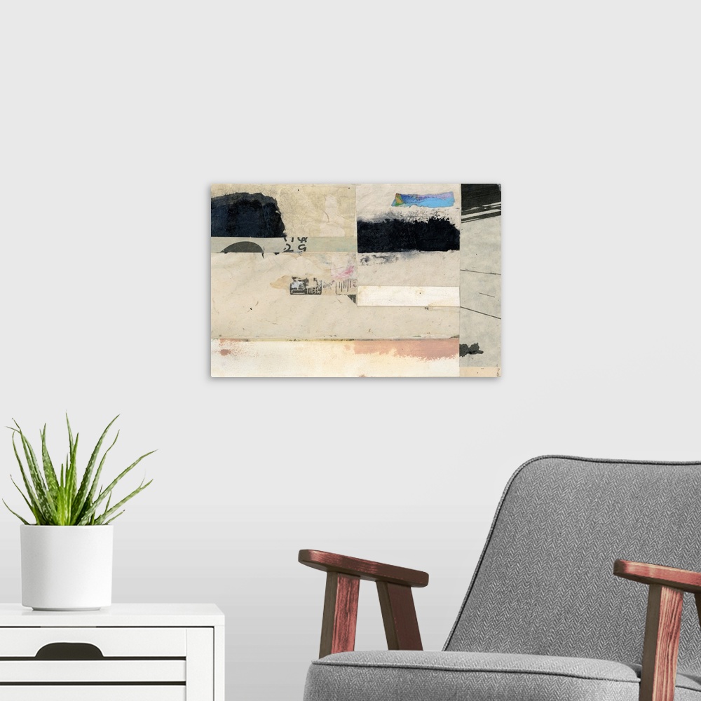 A modern room featuring Contemporary abstract artwork using collage style news print clippings and strokes of paint in th...