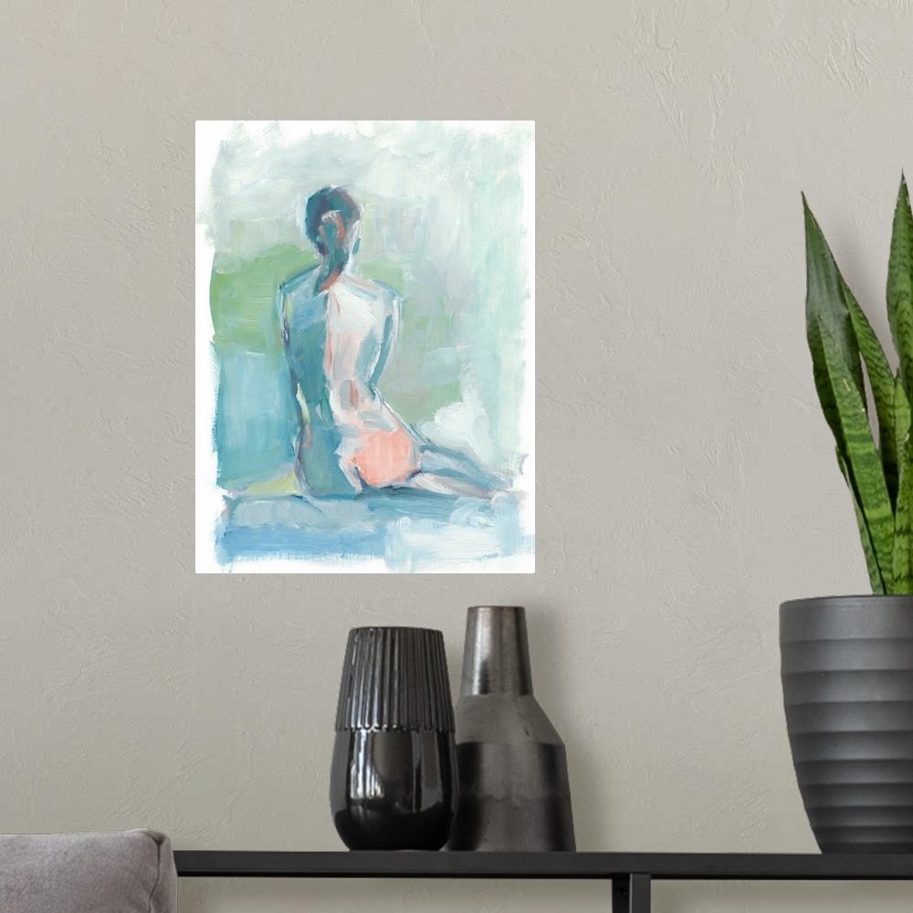 A modern room featuring Contemporary abstract figure study of the female nude in blues and greens.
