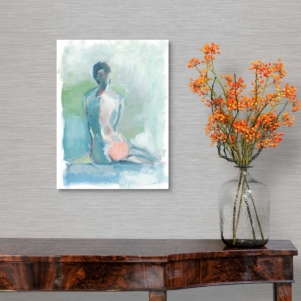 A traditional room featuring Contemporary abstract figure study of the female nude in blues and greens.
