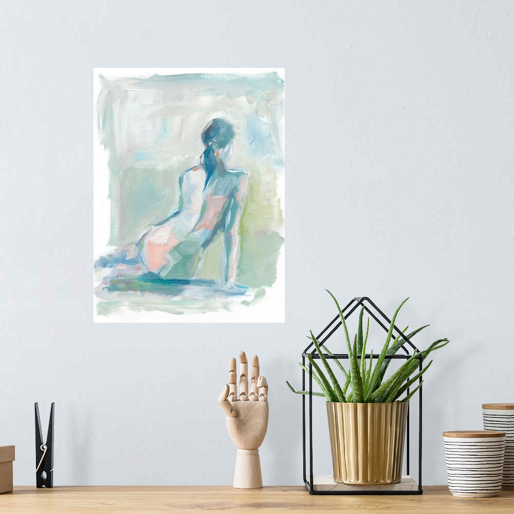 A bohemian room featuring Contemporary abstract figure study of the female nude in blues and greens.