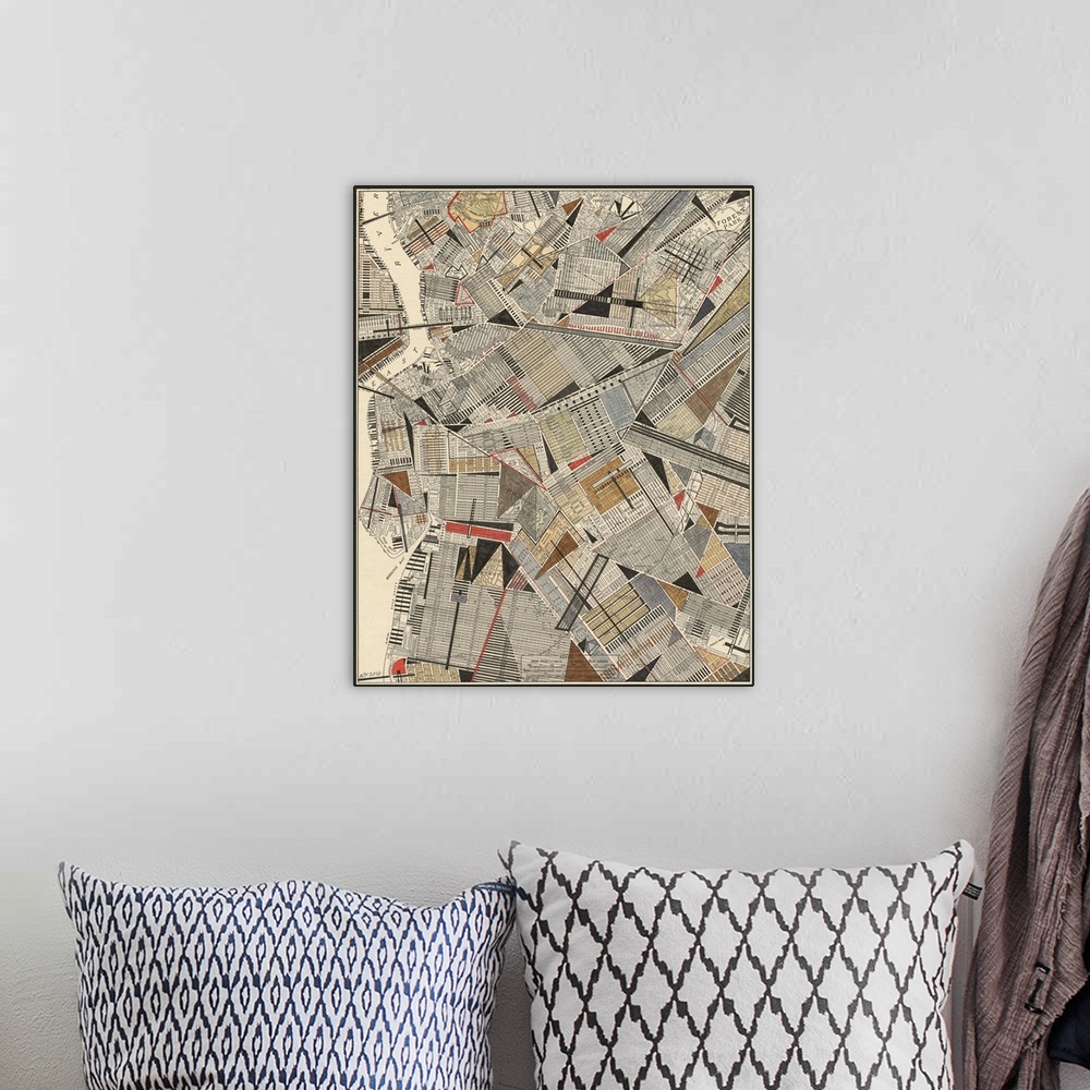 A bohemian room featuring Contemporary abstract artwork of a map of Brooklyn, New York city.