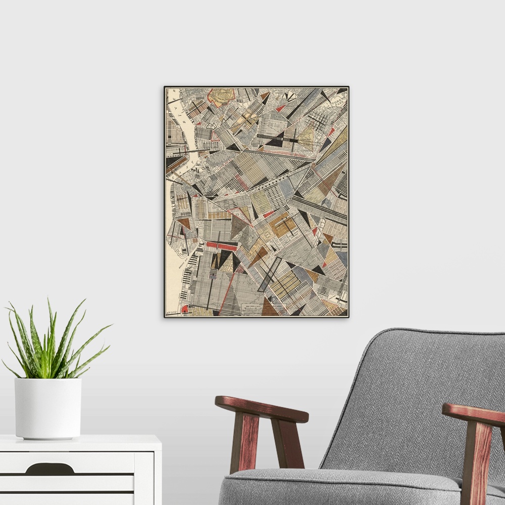 A modern room featuring Contemporary abstract artwork of a map of Brooklyn, New York city.