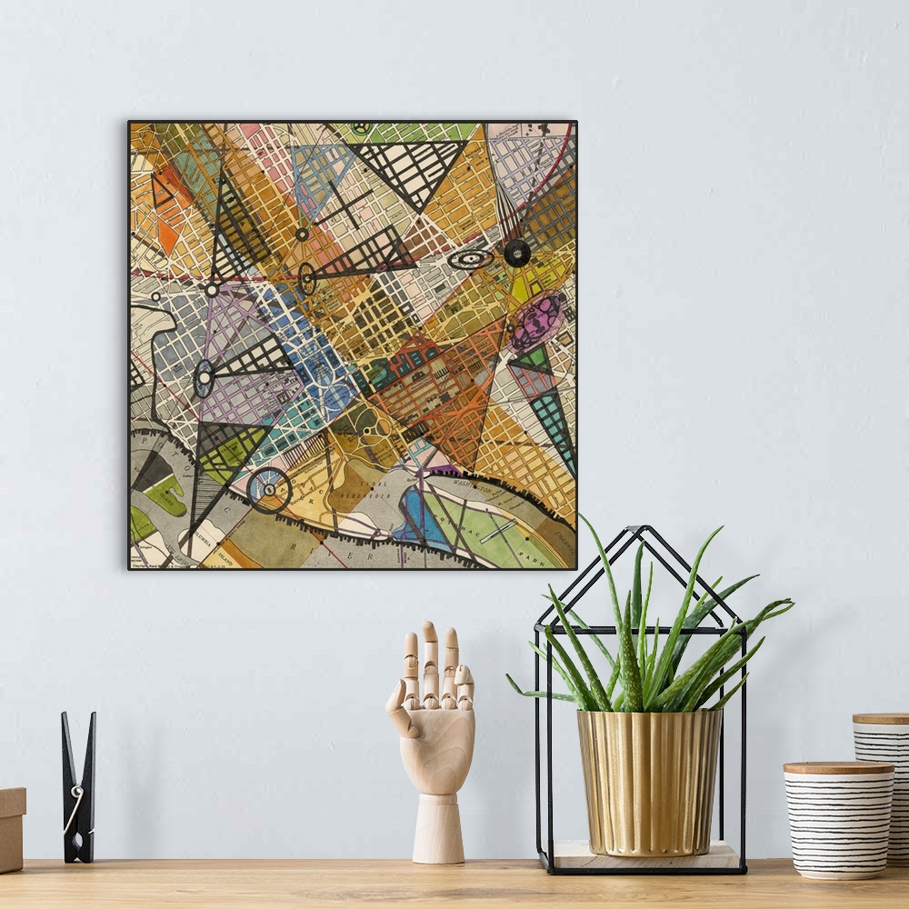 A bohemian room featuring Contemporary abstract artwork of a map of Washington D.C.