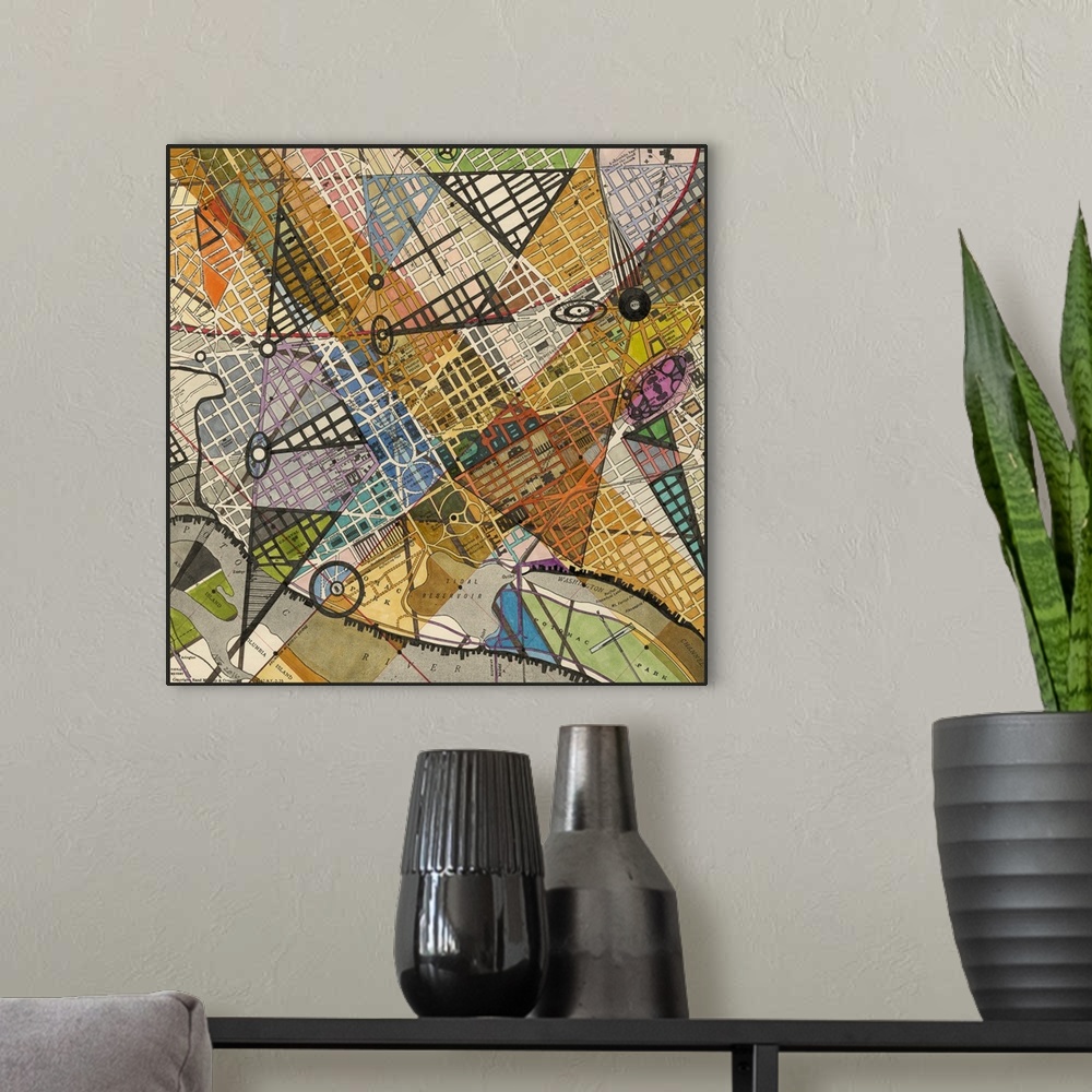 A modern room featuring Contemporary abstract artwork of a map of Washington D.C.