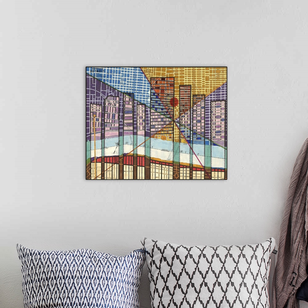 A bohemian room featuring Contemporary abstract artwork of a map of Detroit, Michigan.