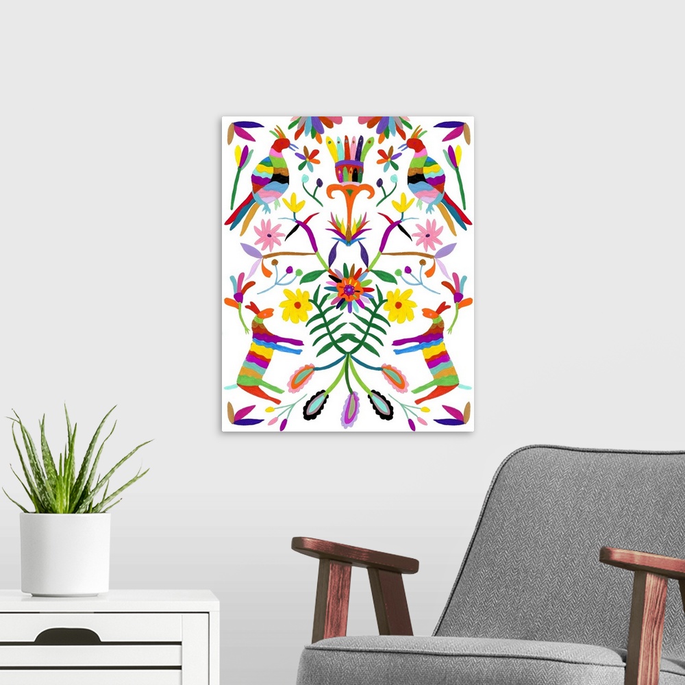 A modern room featuring Inspired by the traditional pattern and designs of the Otomi people, this contemporary artwork re...