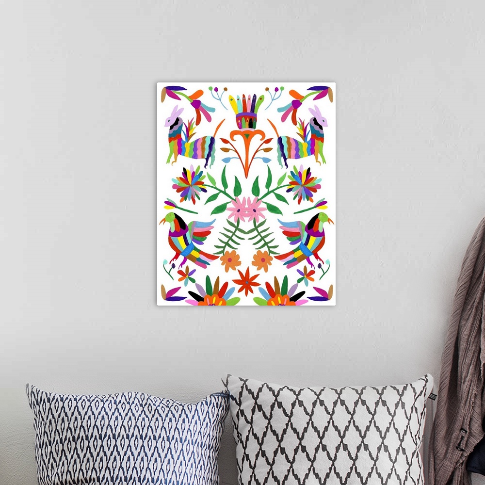 A bohemian room featuring Inspired by the traditional pattern and designs of the Otomi people, this contemporary artwork re...