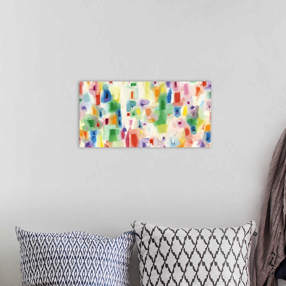 A bohemian room featuring Contemporary abstract painting using vibrant colors and organic shapes.