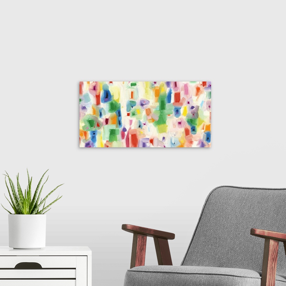 A modern room featuring Contemporary abstract painting using vibrant colors and organic shapes.