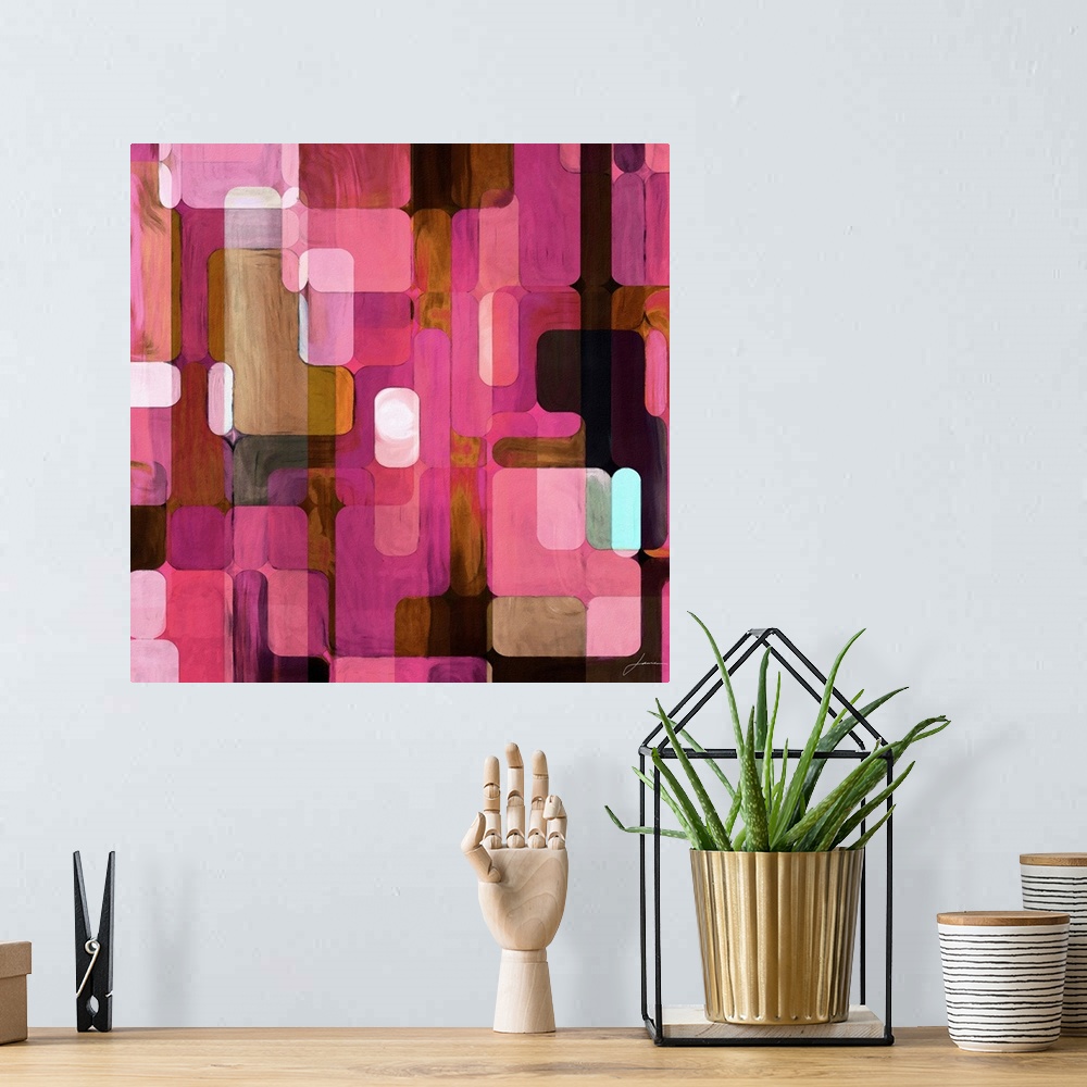 A bohemian room featuring This is a square painting with strong retro and Mod appearance with textural pastel geometric sha...