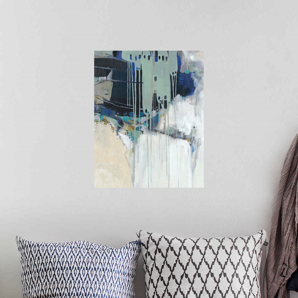 A bohemian room featuring Contemporary abstract painting in teal, navy, and neutral hues.